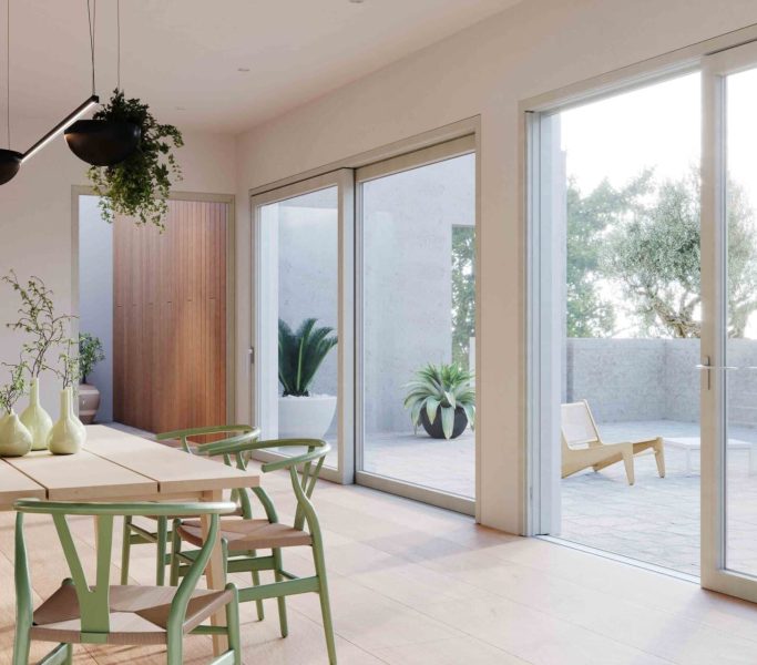 salotto con porte finestre scorrevoli in pvc