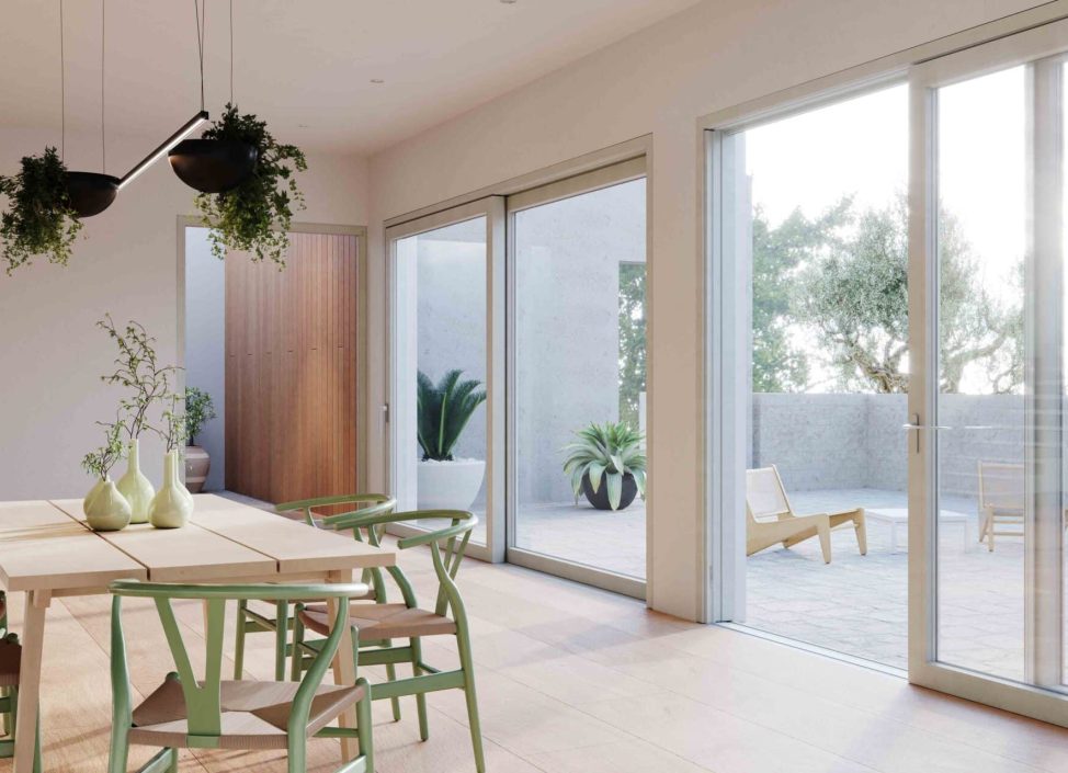 salotto con porte finestre scorrevoli in pvc