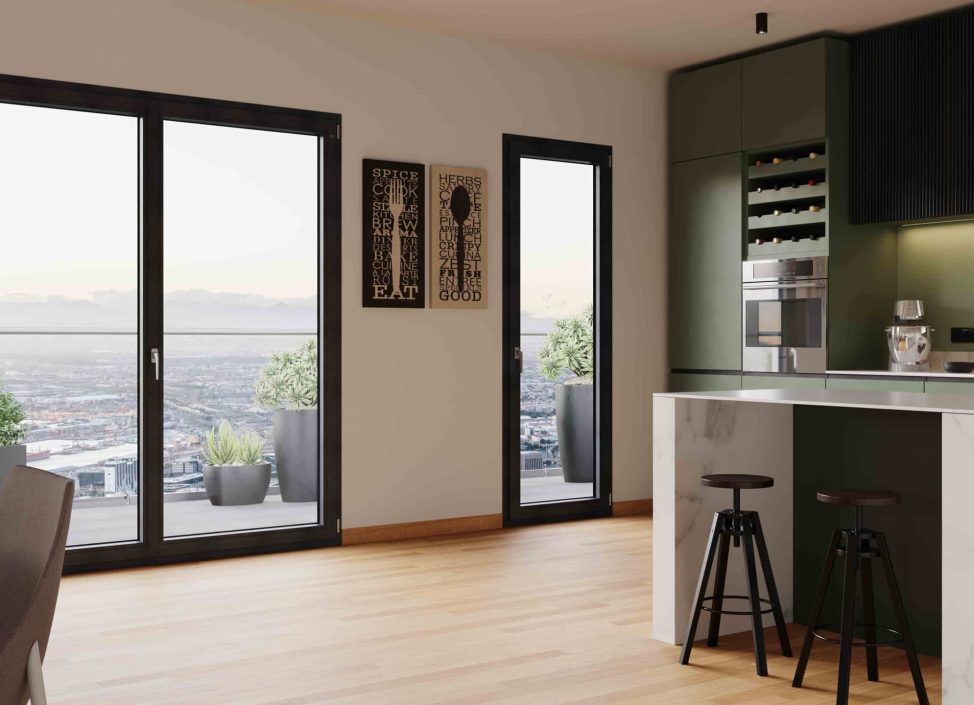 Cucina con porte finestre in pvc